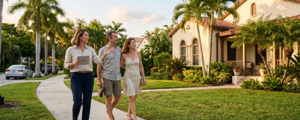 Une agente immobilière présente une maison avec palmiers à un couple français dans un quartier résidentiel de Miami.