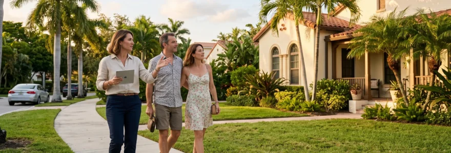 Une agente immobilière présente une maison avec palmiers à un couple français dans un quartier résidentiel de Miami.