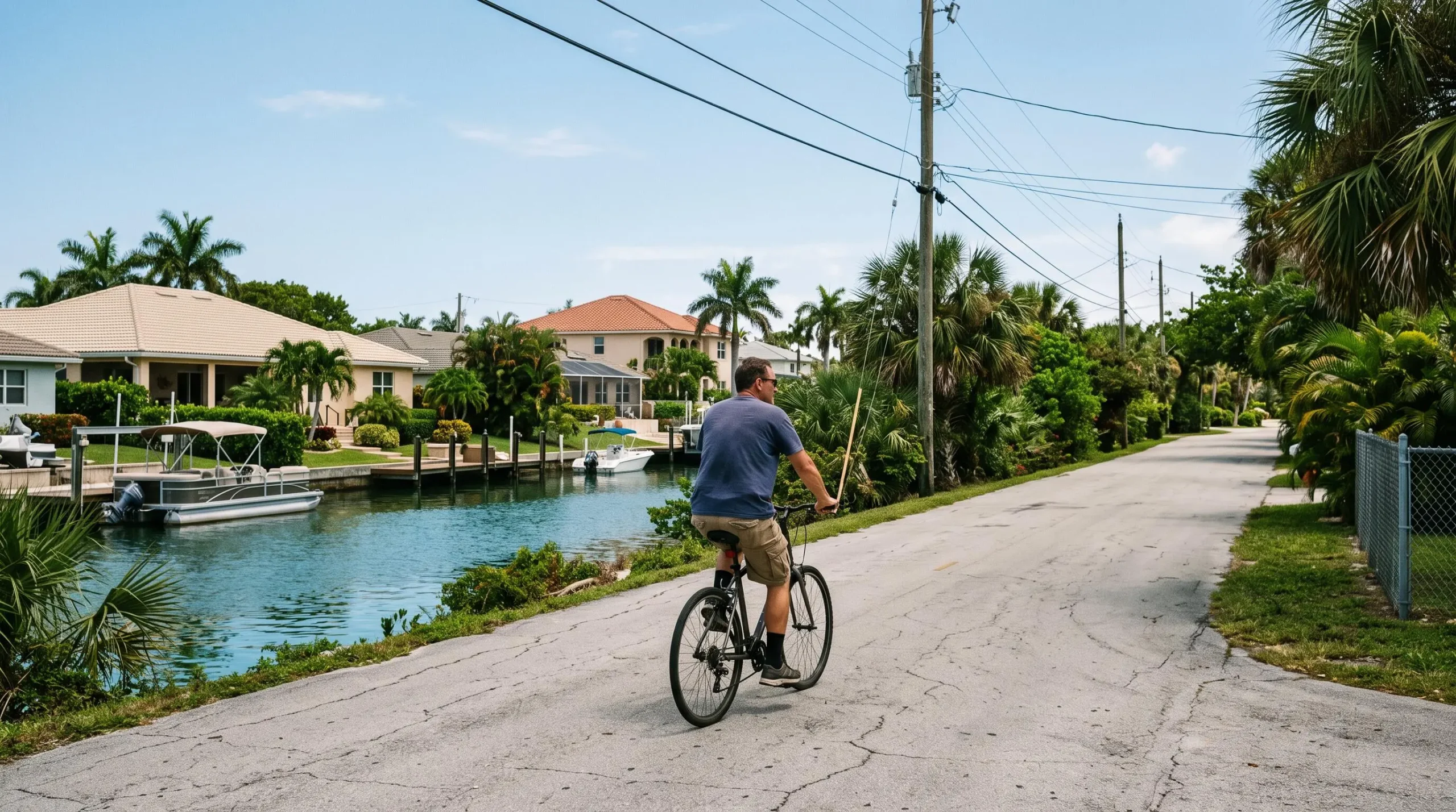 Un cycliste longe un canal bordé de maisons avec pontons dans un quartier résidentiel du sud de la Floride.
