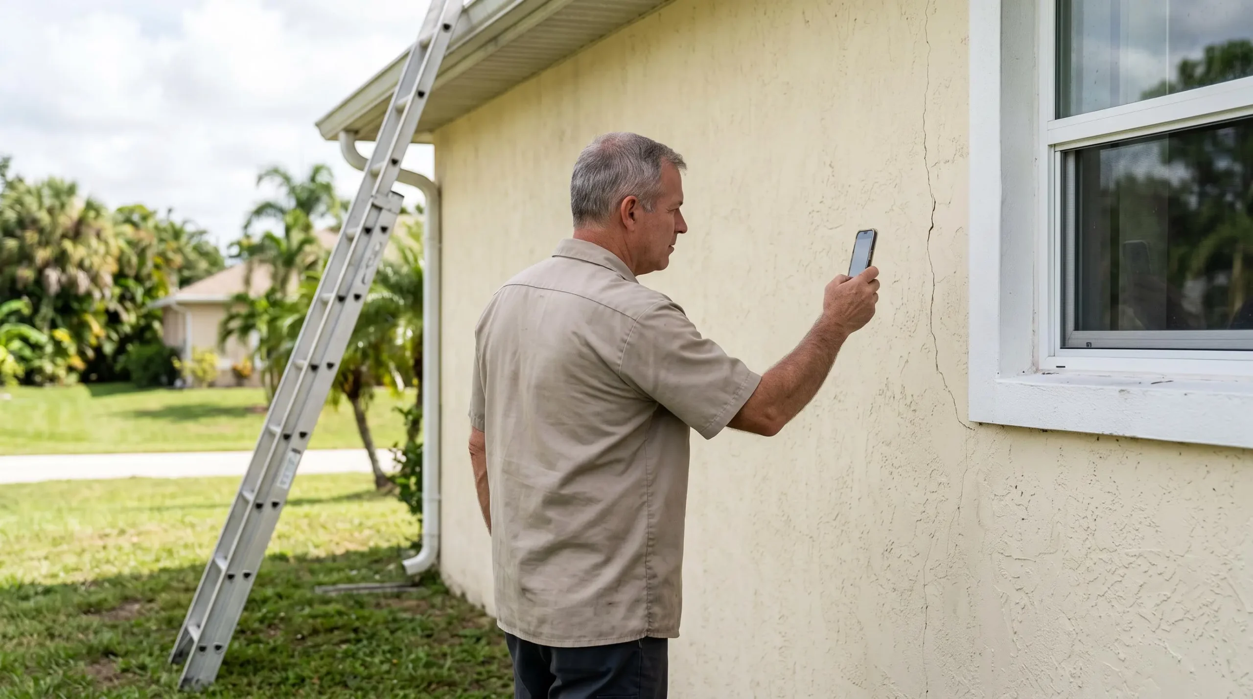 Un inspecteur immobilier photographie une fissure sur le mur extérieur d'une maison en Floride, une échelle posée contre le mur.
