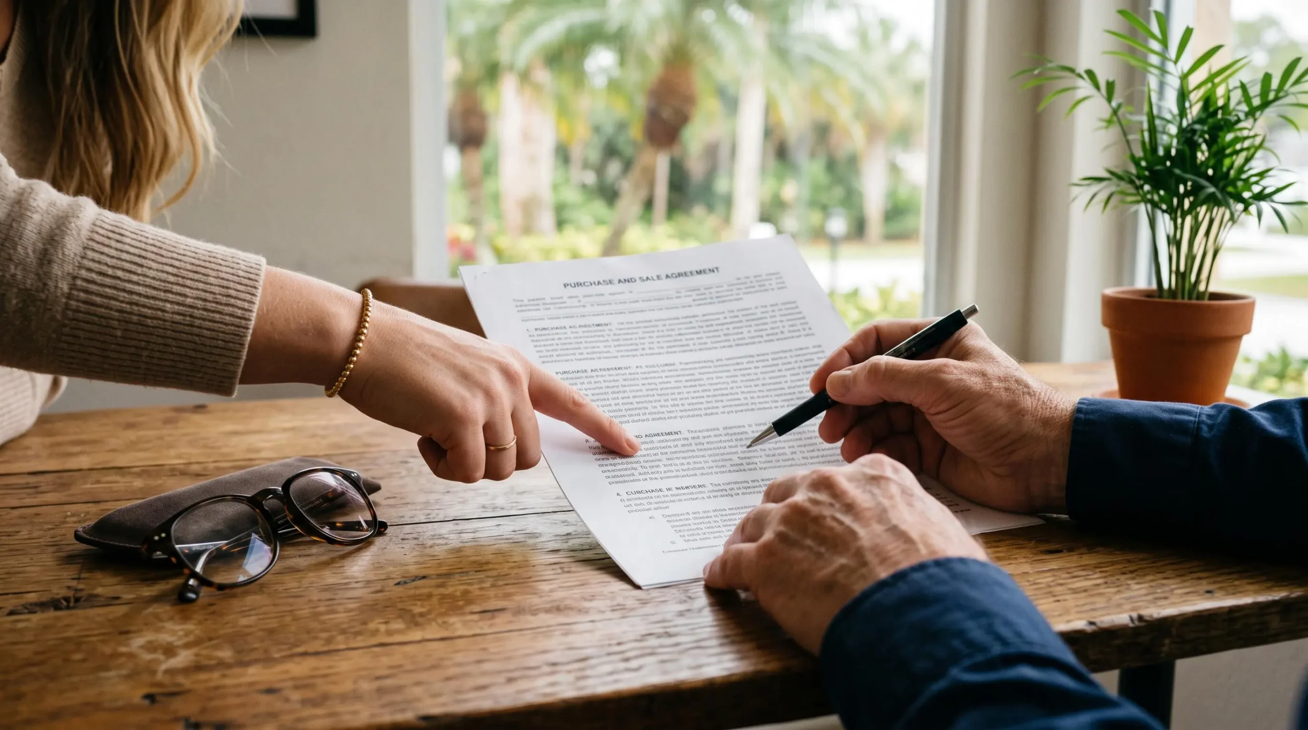 Deux mains pointent un paragraphe d'un document immobilier posé sur une table en bois dans un bureau lumineux.
